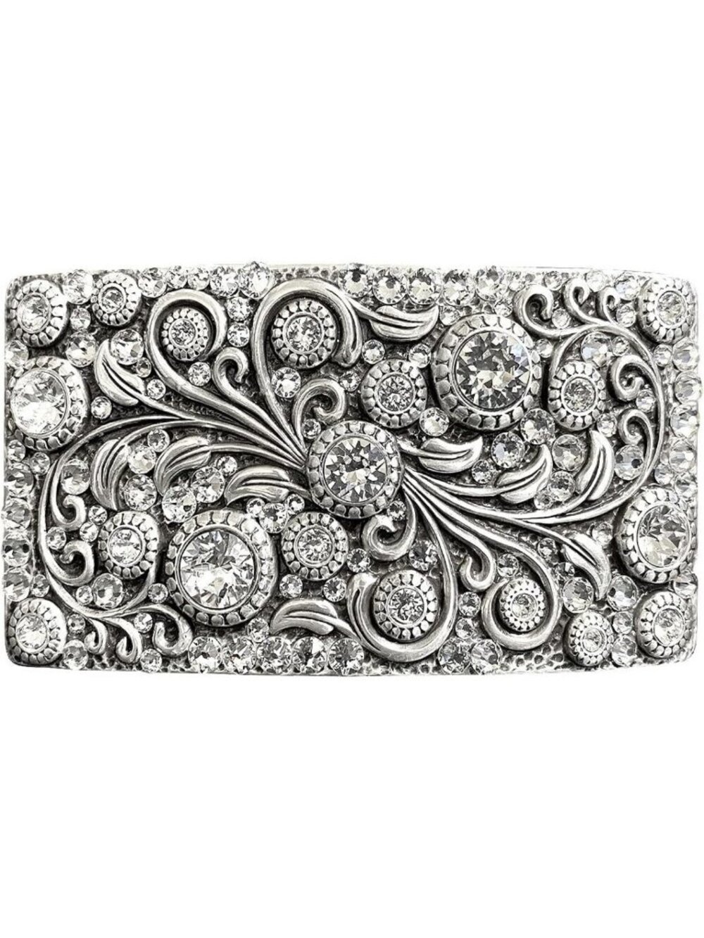 Rhinestone Crystal Belt Buckle - Antique Brass Floral Engraved Rectangle Design